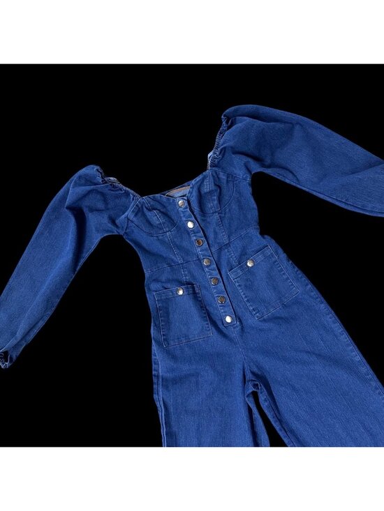 Pants - Denim Jumpsuit Puff Long Sleeve Snap Front Blue Jean Romper Pantsuit READ